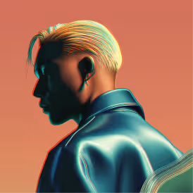 Profile of a person with short, slicked-back hair wearing a shiny jacket against a gradient orange background.