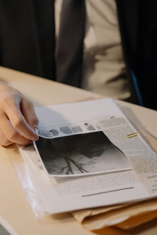 Main d'un homme en costume consultant un dossier de documents et coupures de presse sur un bureau