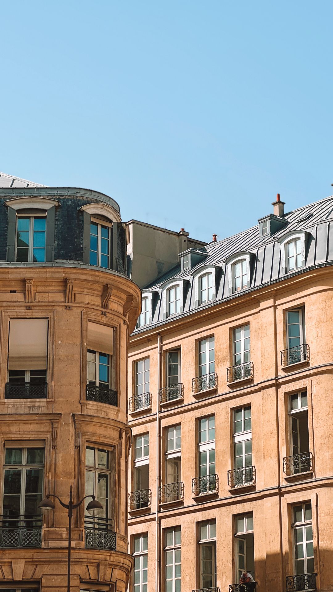 Façades en pierre de taille d'immeubles parisiens à toits de zinc et balcons en fer forgé, sous un ciel bleu