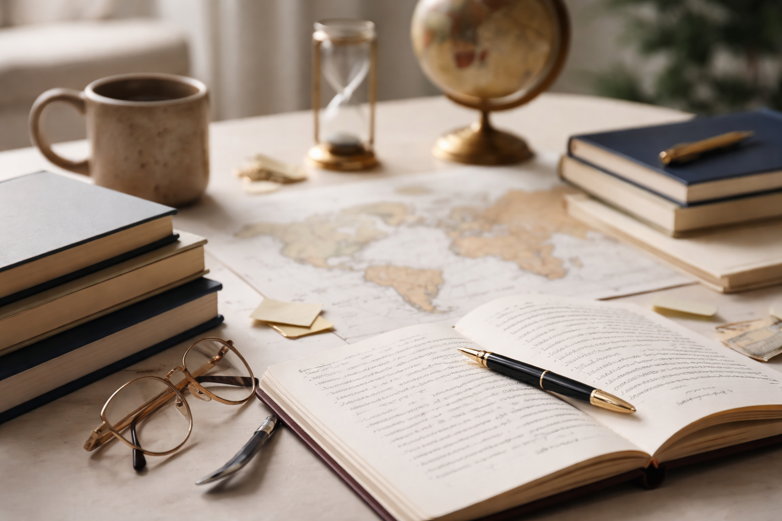 Open journal with cursive writing and a black and gold pen on a desk surrounded by stacked books, eyeglasses, a cup, an hourglass, a globe, and a world map.