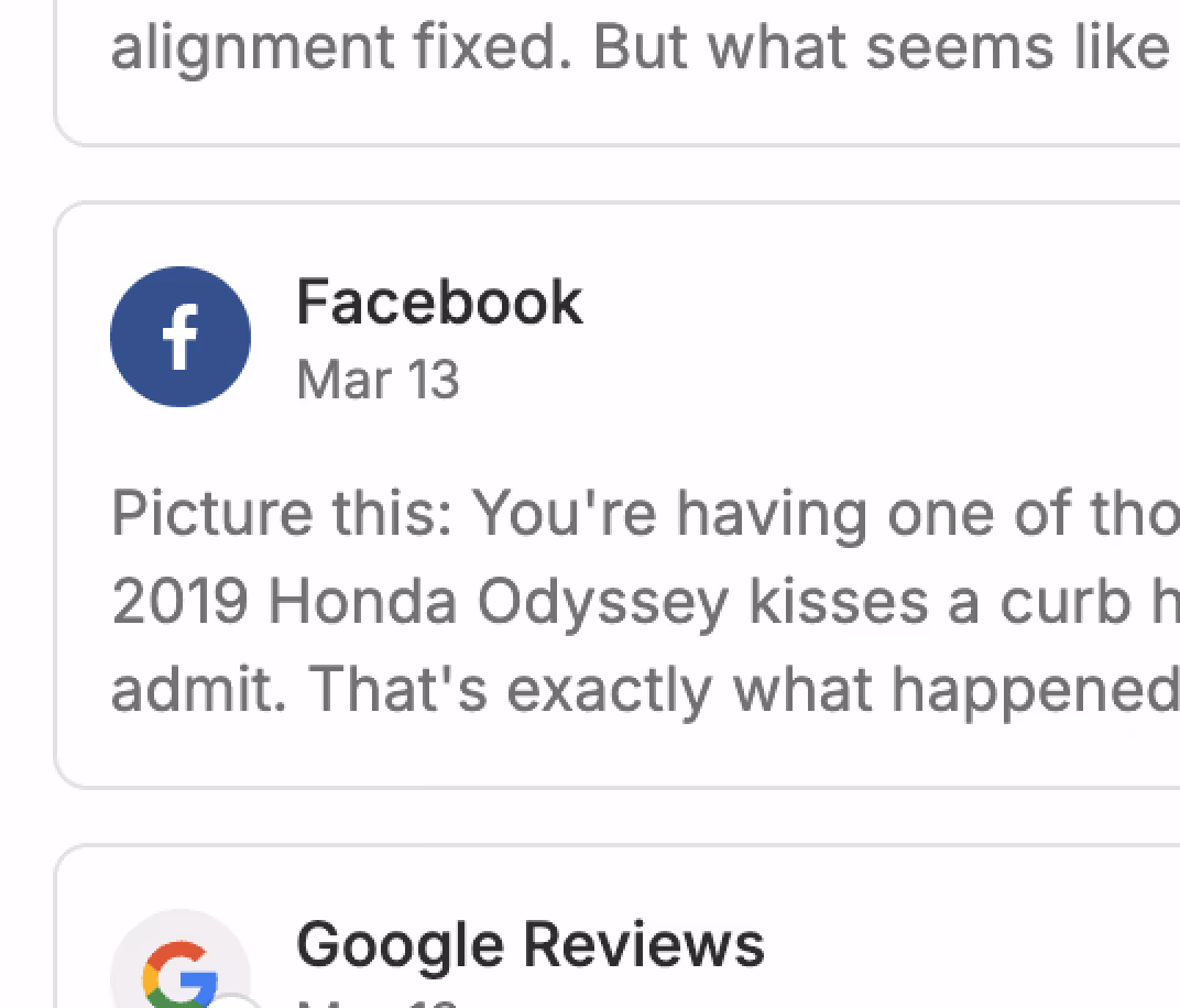 Partial screenshot of a Facebook review dated Mar 13 mentioning a 2019 Honda Odyssey kissing a curb.