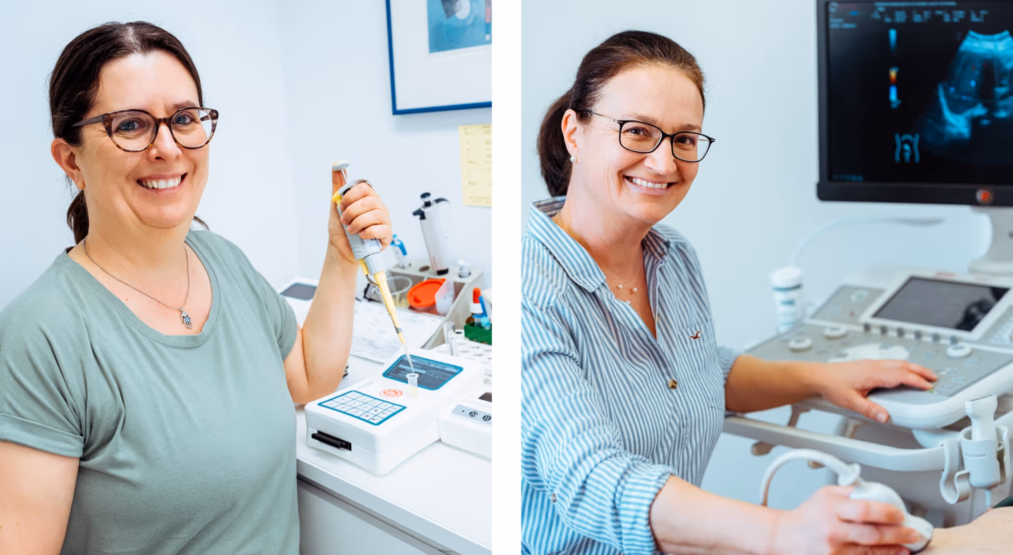 Two smiling women wearing glasses in medical or laboratory settings using medical equipment.