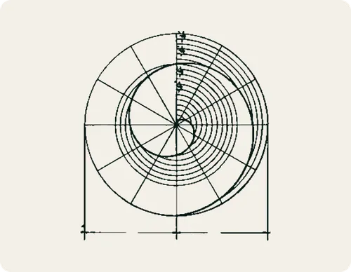 Technical spiral diagram with concentric circles and radial lines forming a detailed geometric pattern.
