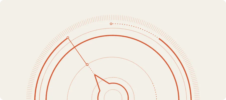 Abstract circular radar-like graphic with concentric rings and dotted lines in brown on a beige background.