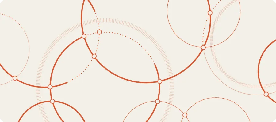 Abstract pattern of interconnected reddish-brown circles and dotted arcs on a light beige background.