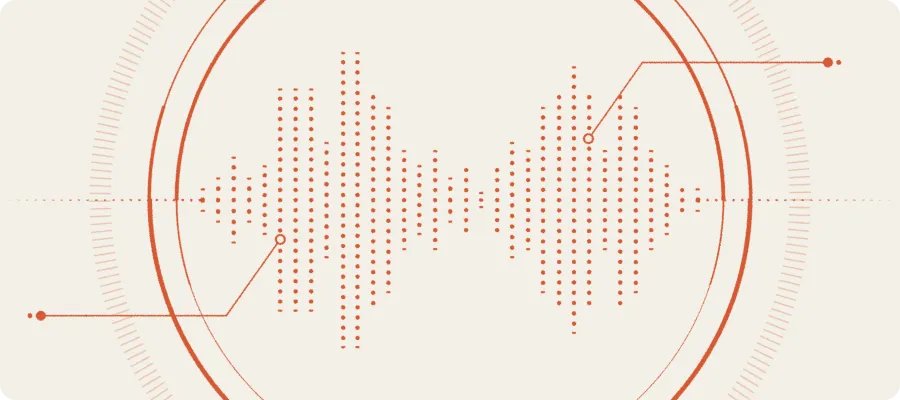 Stylized digital soundwave composed of orange dots with connecting lines within concentric circular design on a light background.
