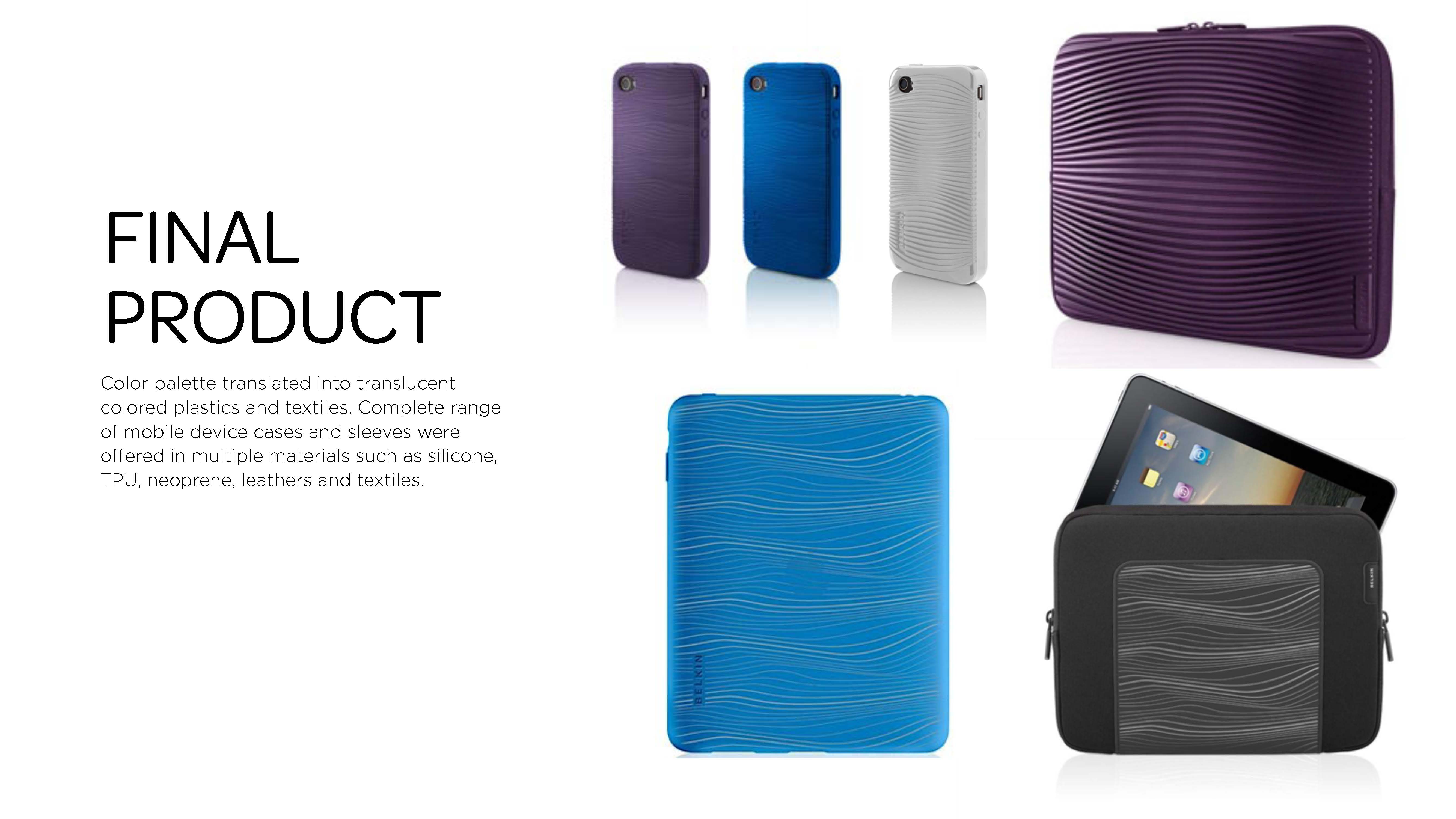 Collection of mobile device cases and sleeves in purple, blue, white, and black with wave-pattern textures, including phone cases and tablet sleeves.