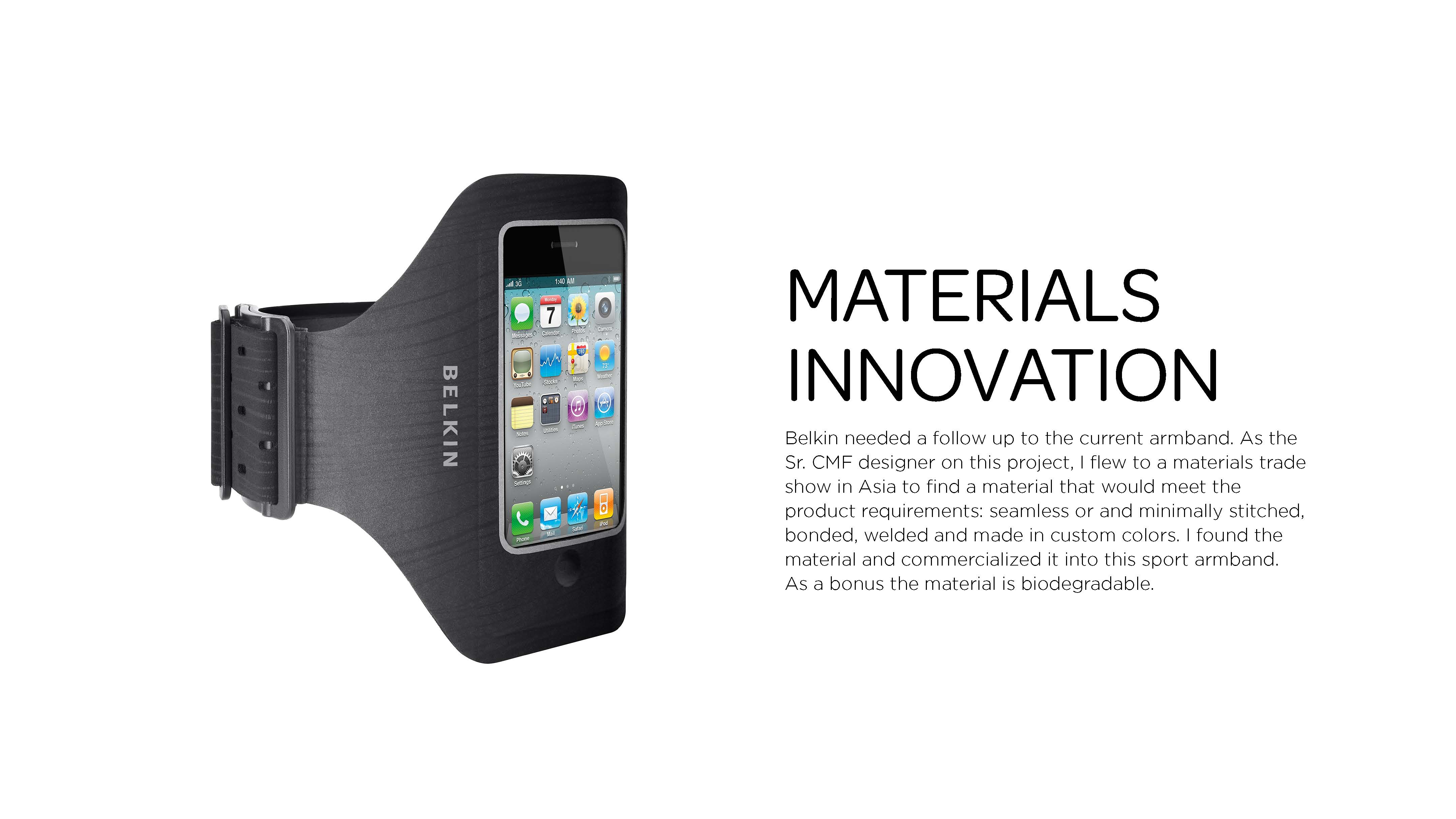 Black Belkin sport armband designed to hold a smartphone, next to text about materials innovation and the armband's biodegradable, seamless material.