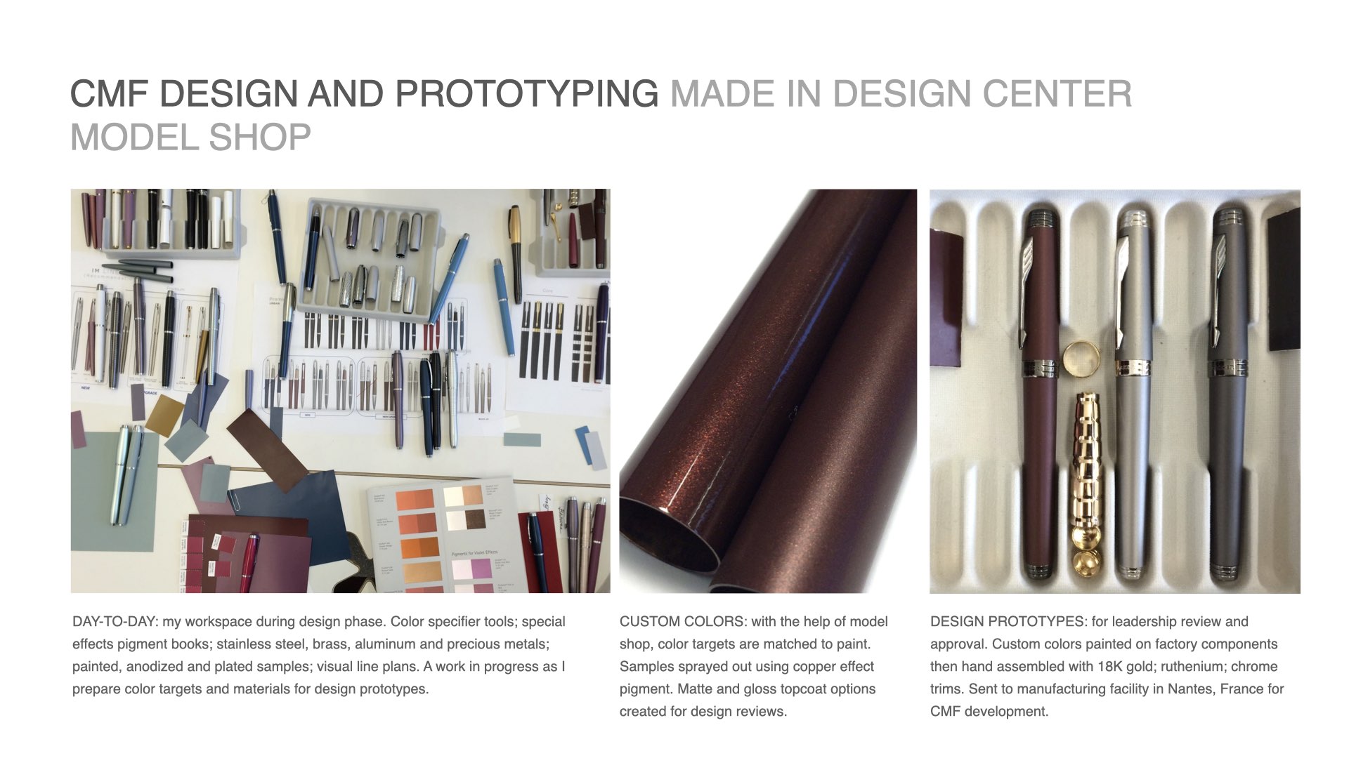 Workspace with color specifier tools, pigment books, and prototype pens; copper-effect painted tubes; and three design prototype pens with gold and chrome trims in a display tray.
