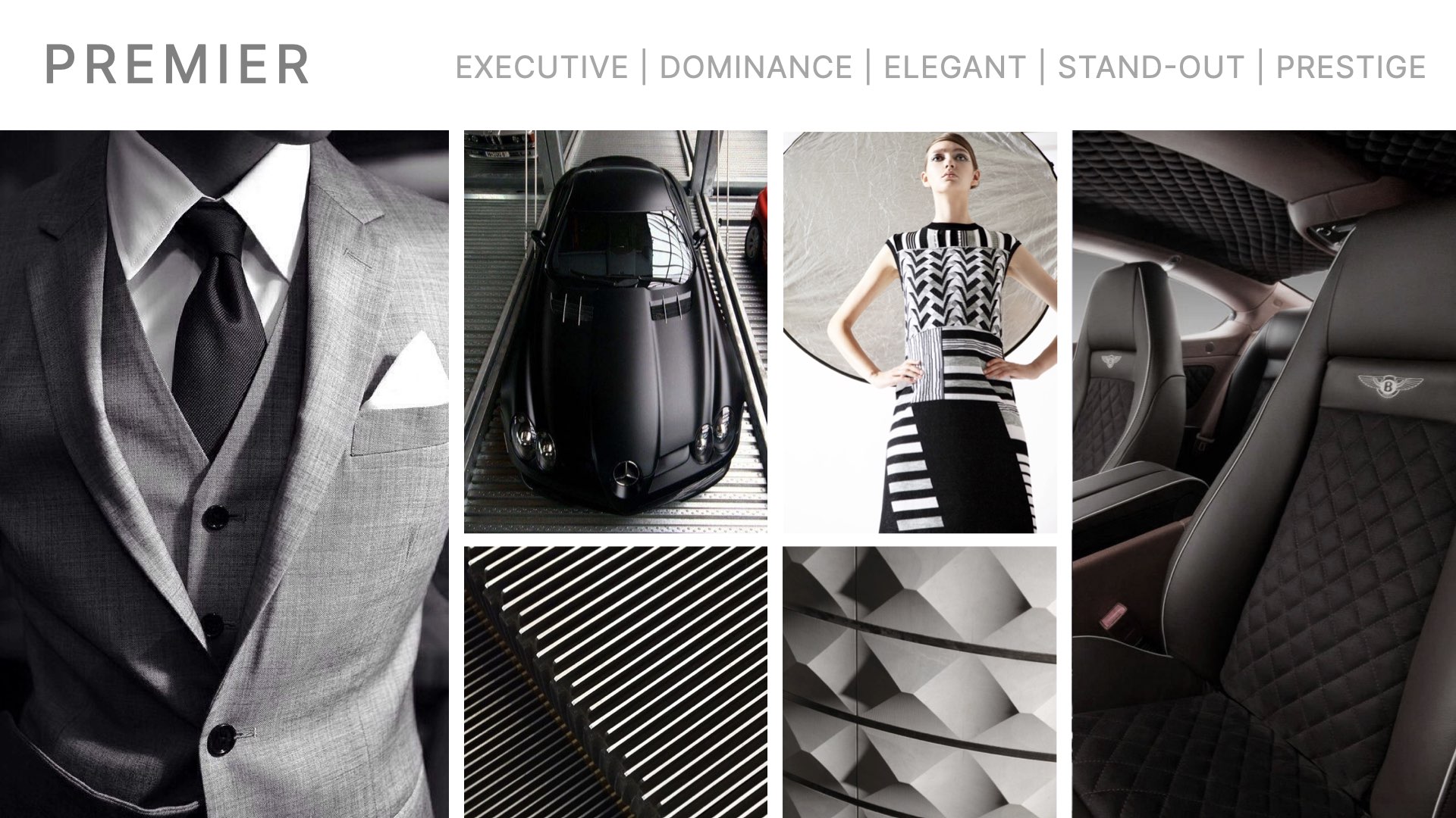 Collage of images featuring a man in a gray suit with black tie, a matte black Mercedes-Benz car, a woman in a black and white patterned dress, close-up shots of modern architectural details, and black leather quilted car seats with Bentley logos.