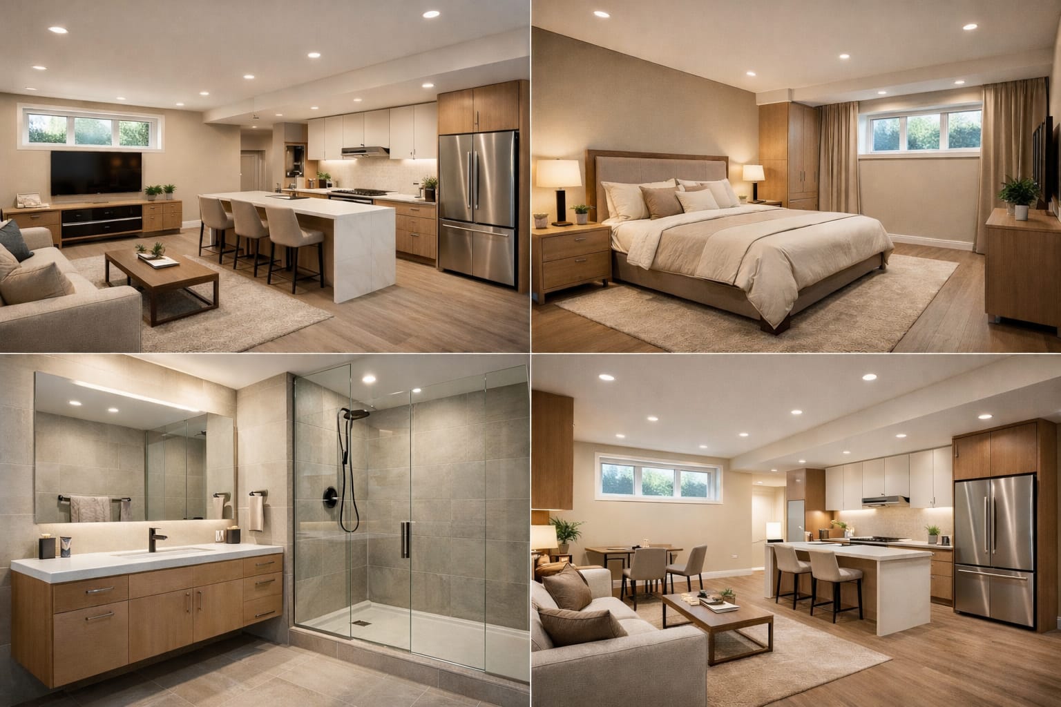 Basement suite collage showing bedroom, bathroom, rec room, and kitchen
