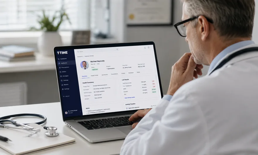 Physician reviewing a T·TIME intake on a laptop