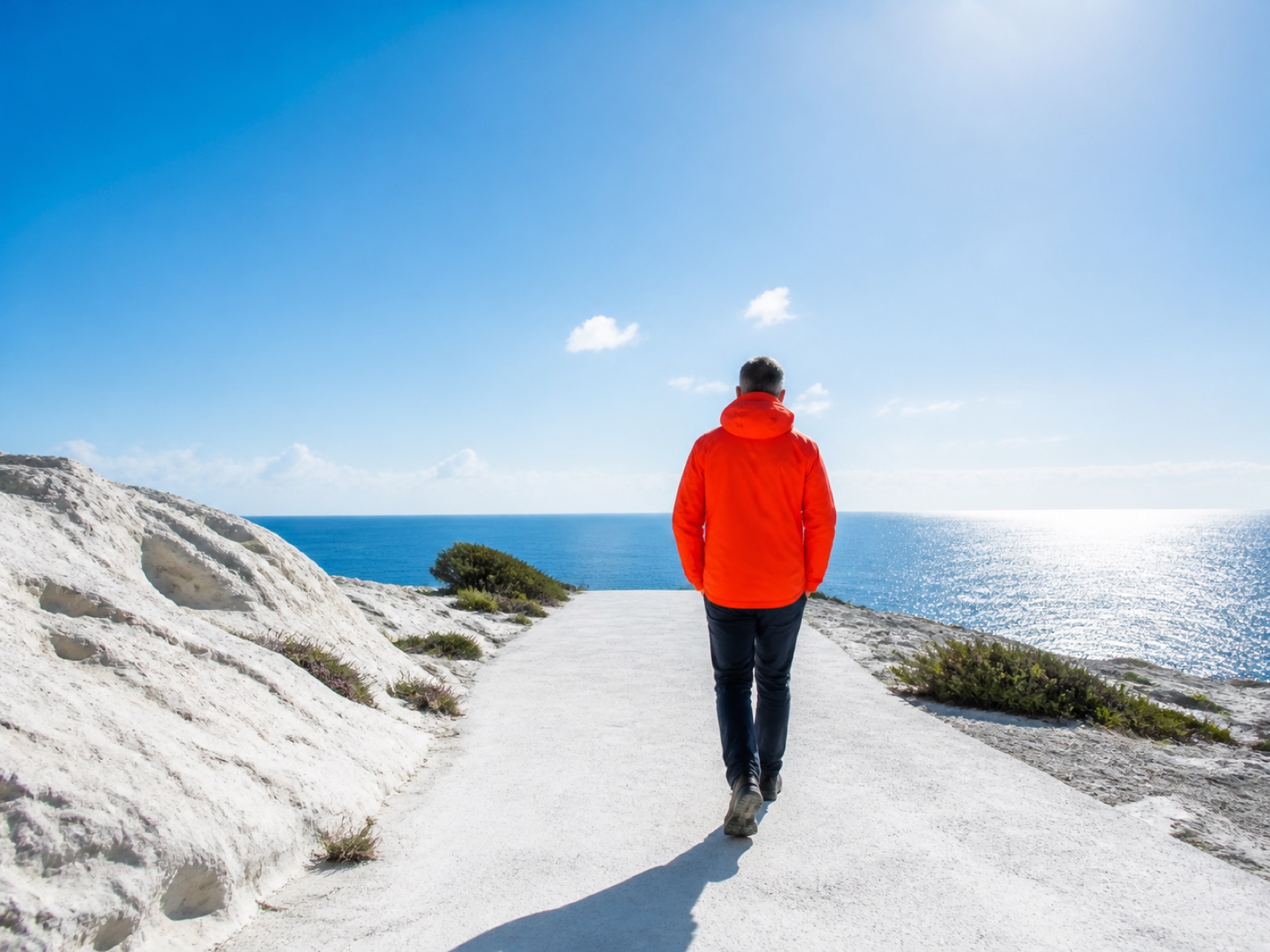 Person walking down a sunlit coastal path toward the sea