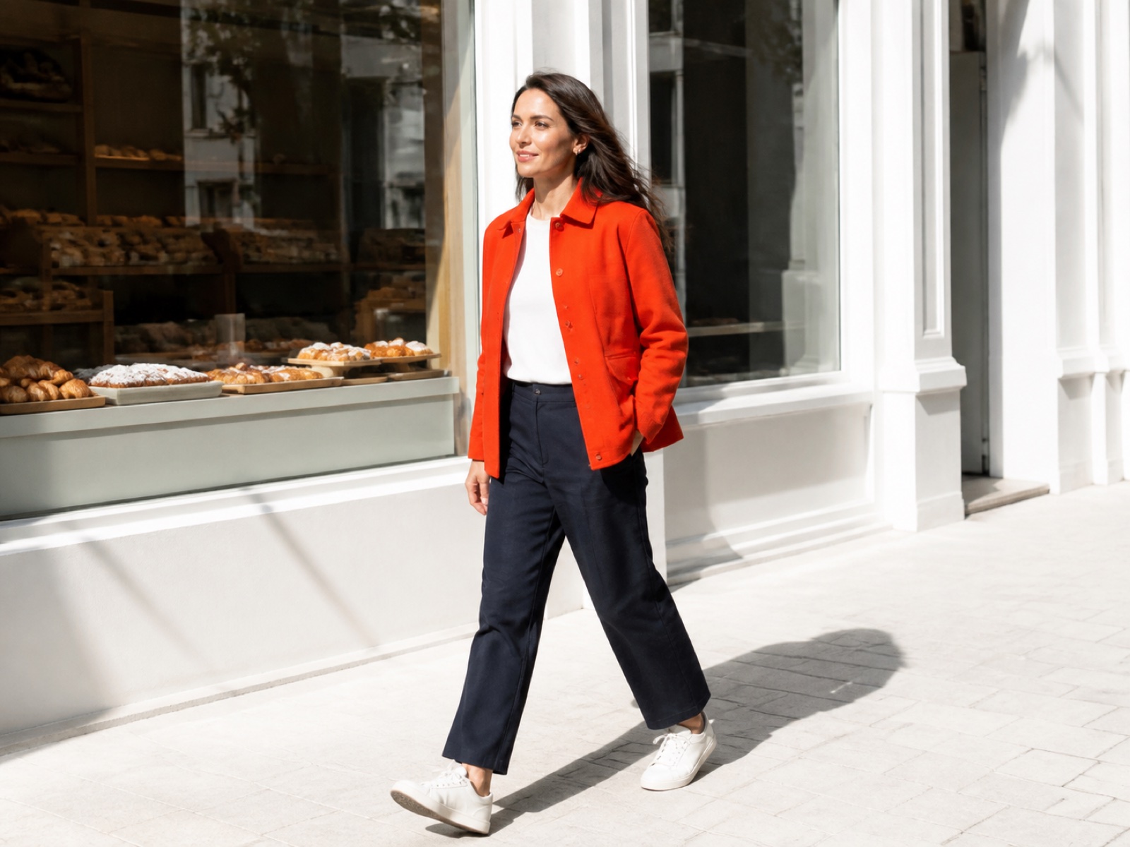 Woman walking confidently past a bakery window