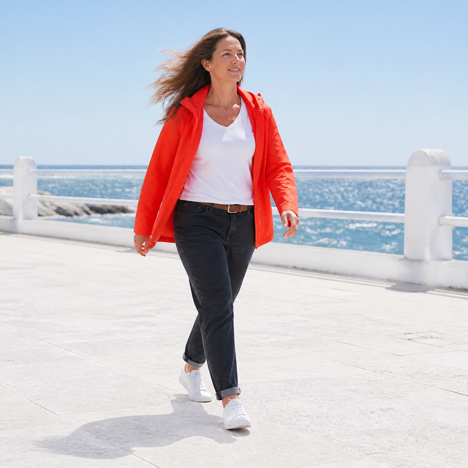 Woman walking on a sunny seaside promenade