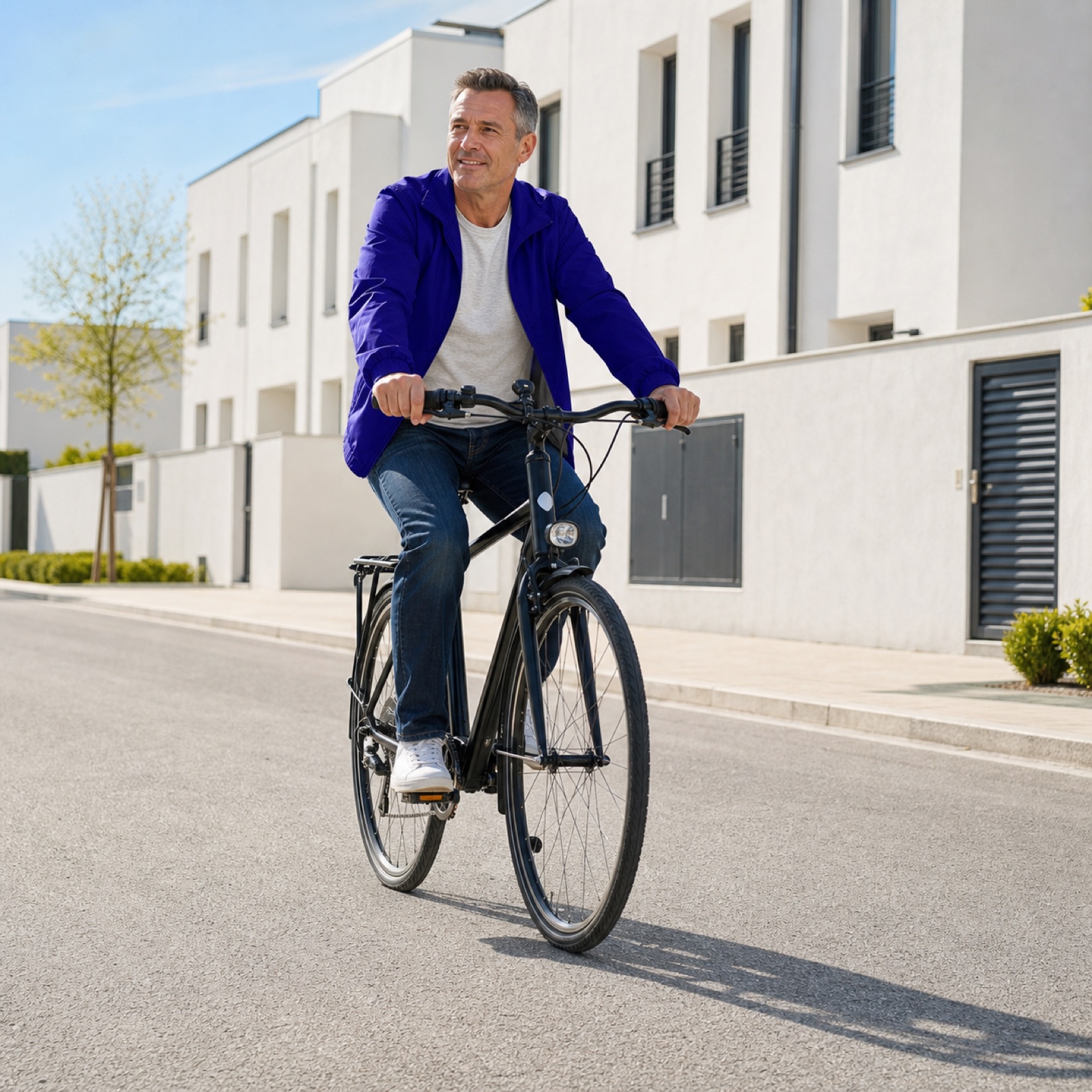 Man cycling along a sunlit city street