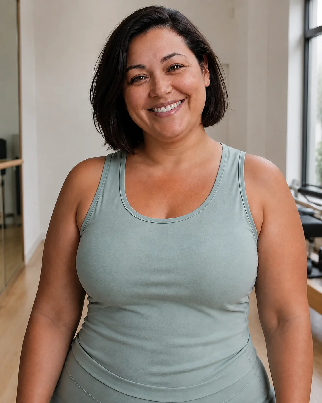 Smiling woman in a mint sports top in an exercise studio
