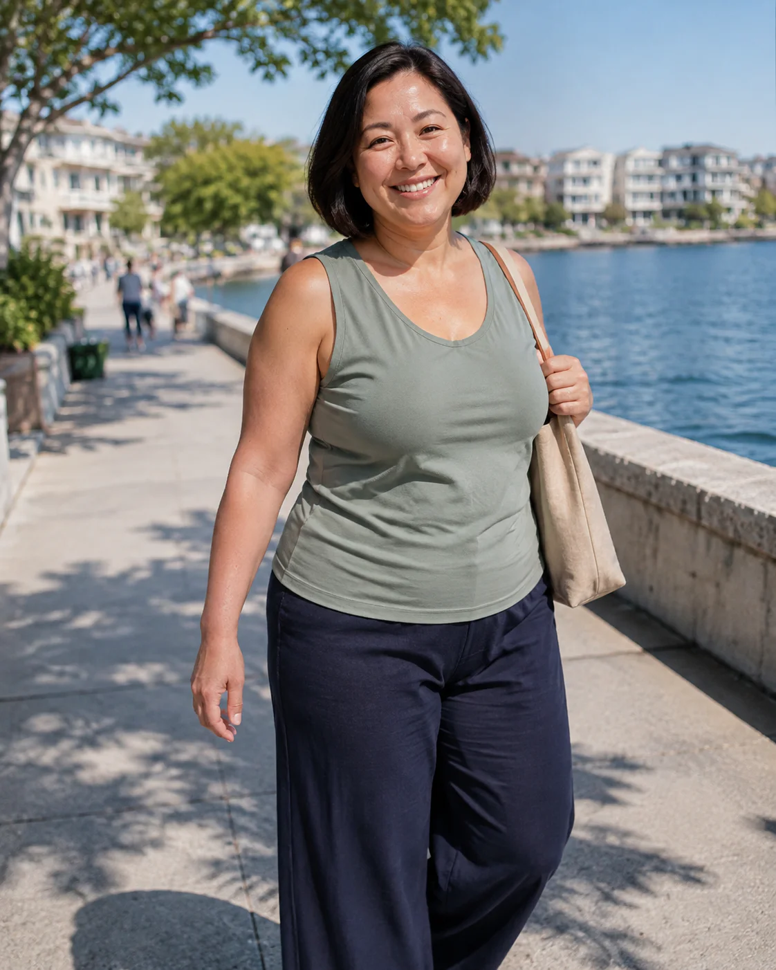 Smiling woman in a mint sports top in an exercise studio