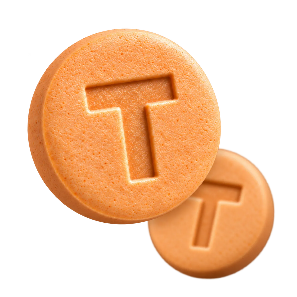 Illustration of two orange T·TIME enclomiphene tablets