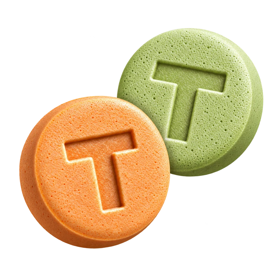 One orange enclomiphene tablet and one green CHARGE medicated gum tablet