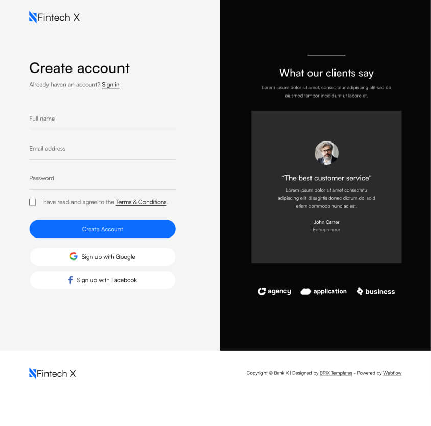 Sign Up Page - Fintech X Webflow Template
