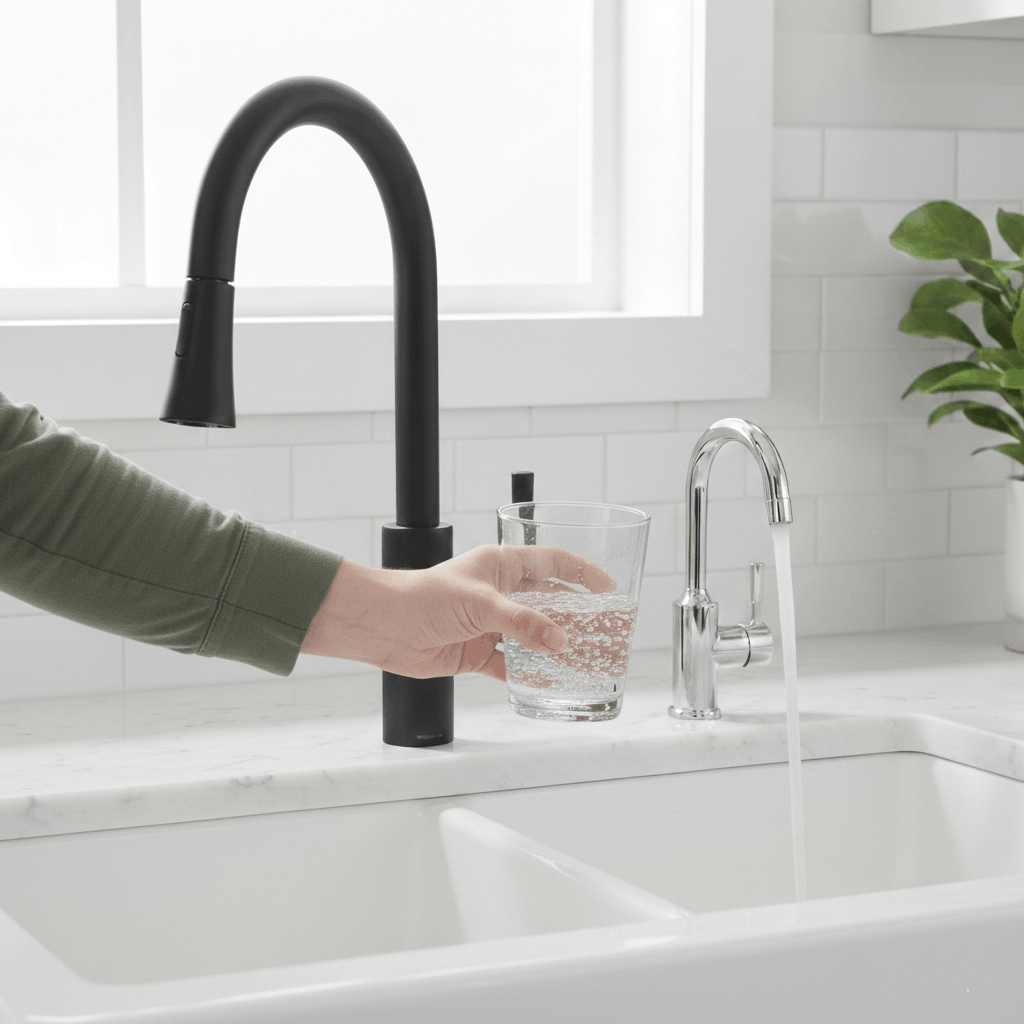 A kitchen sink a cup of drinking water being held up by an ro faucet