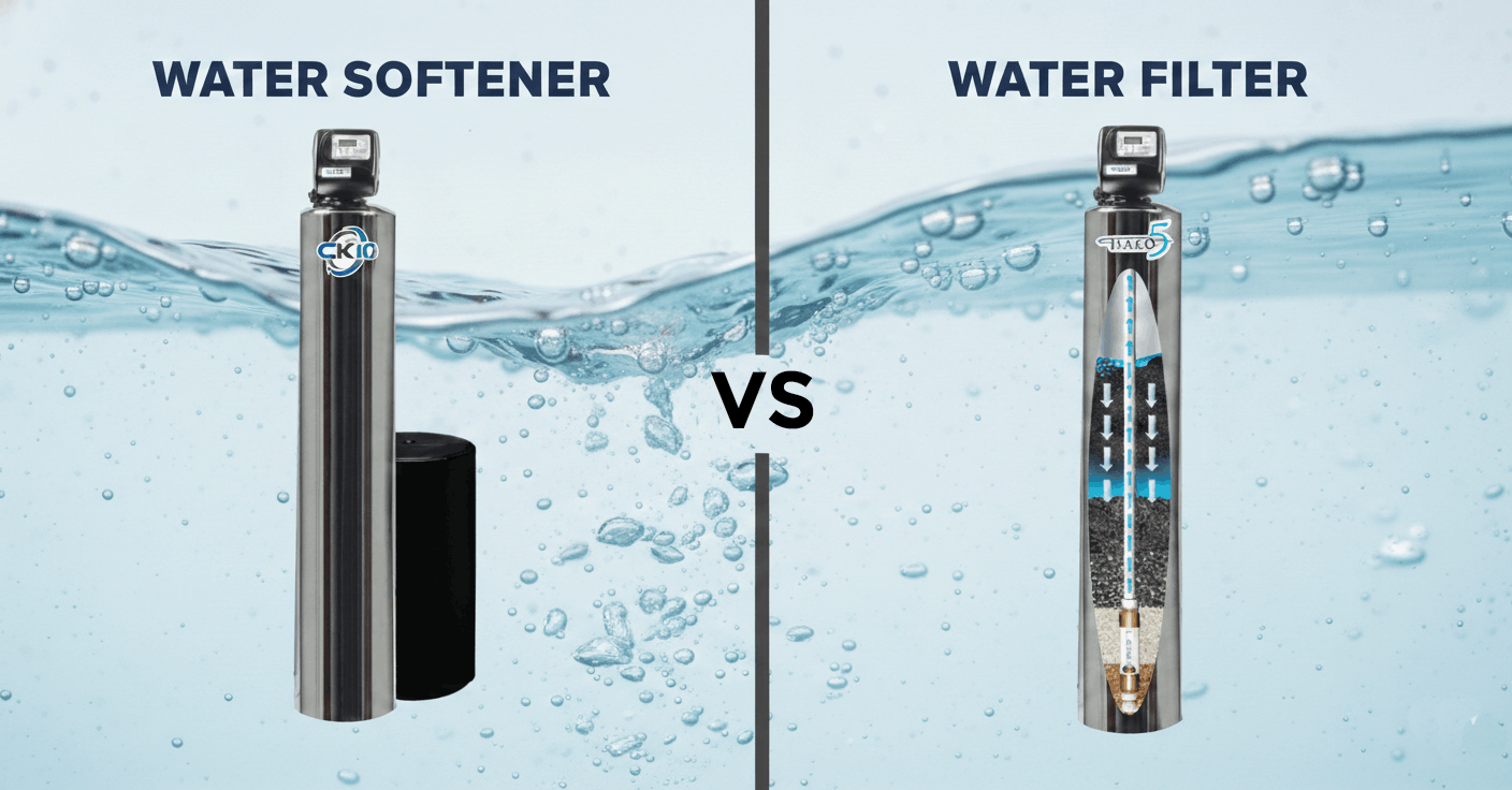A side by side of a water softener vs a water filter by Halo