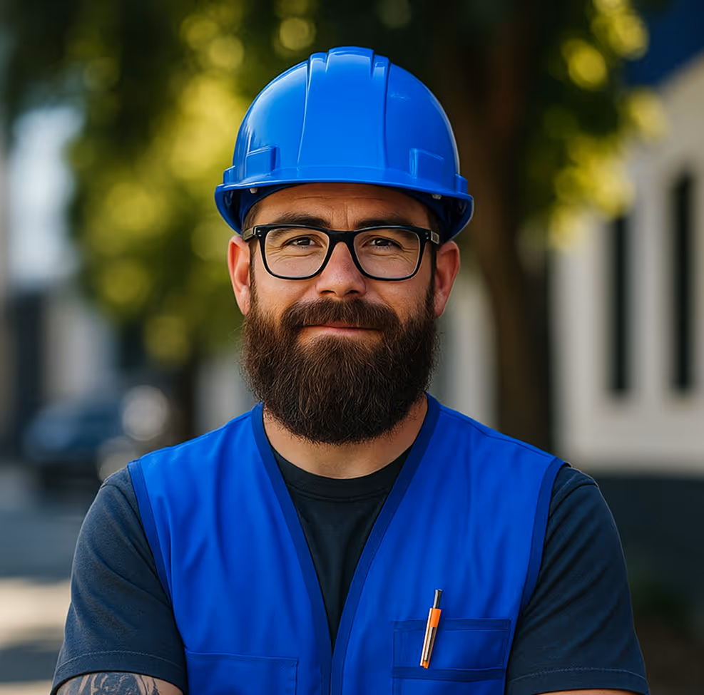 Bearded construction worker wearing blue hard hat, glasses, and blue vest with pen in pocket standing outdoors.