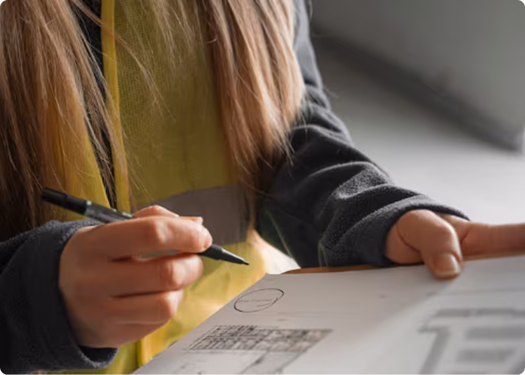 Person holding a pen and reviewing architectural or technical drawings on a sheet of paper.