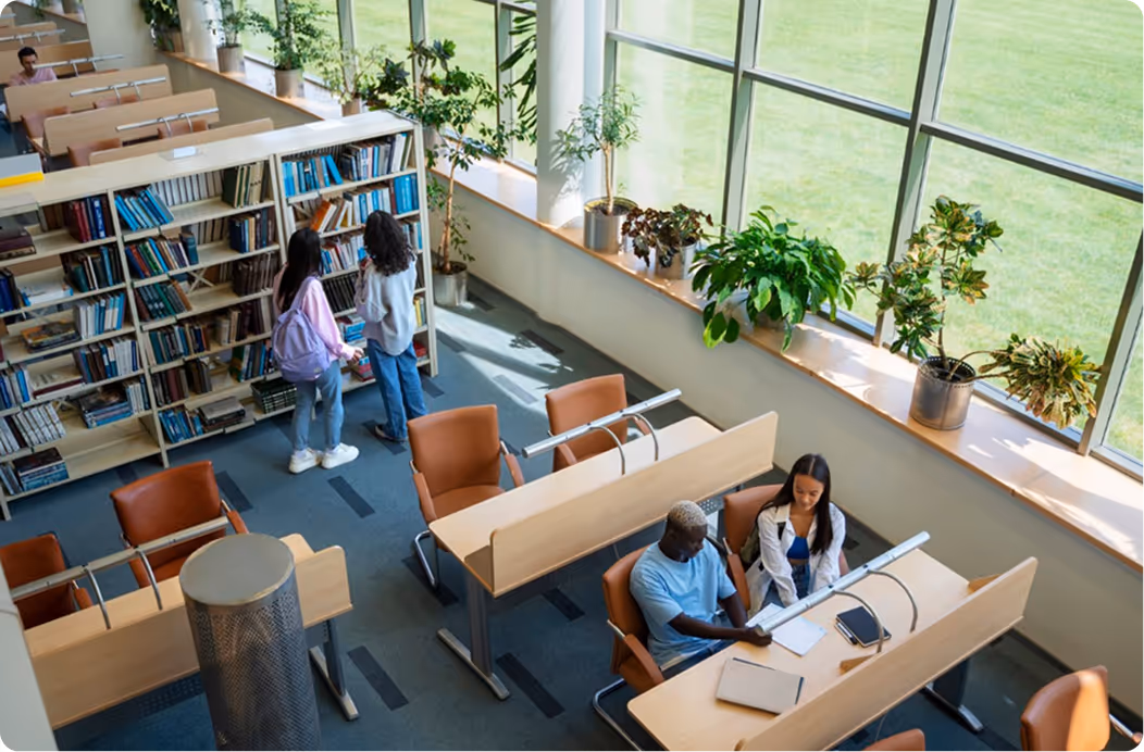 Students studying and browsing bookshelves in a bright library with large windows and indoor plants.