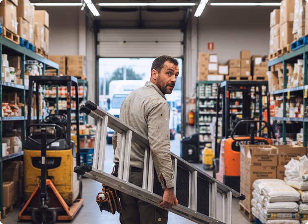 Man holding a ladder and looking back inside a warehouse filled with shelves and boxes.