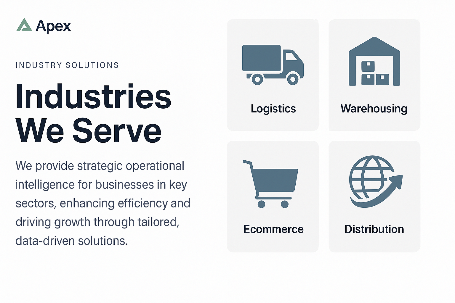 Industries served by Apex Operational Intelligence including logistics, warehousing, ecommerce, and distribution operations