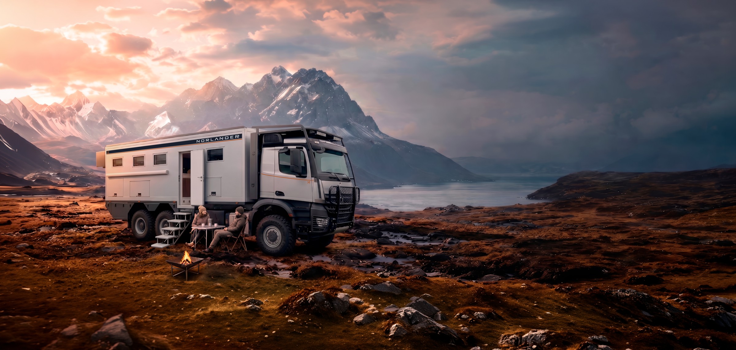 Norlander expedition vehicle campaign artwork in a dramatic mountain landscape