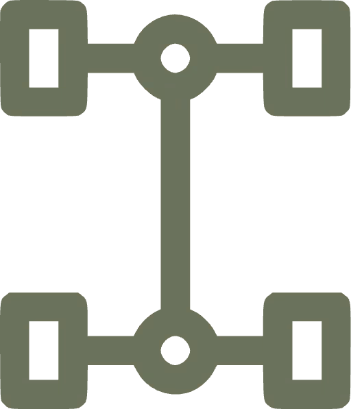 Diagramm eines Allradantriebs mit vier Rädern und verbundenen Achsen.
