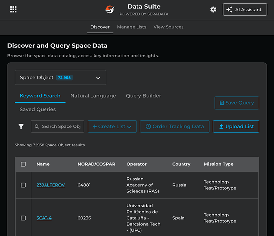 A screenshot of the User Interface for the Data Suite view inside Slingshot Portal product