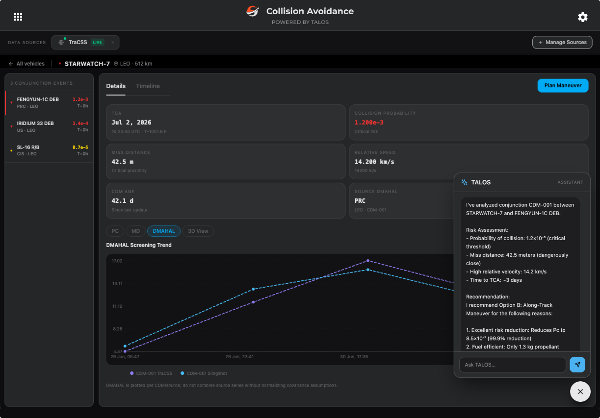 A screenshot of the Collision Avoidance view User Interface for the Slingshot Portal product