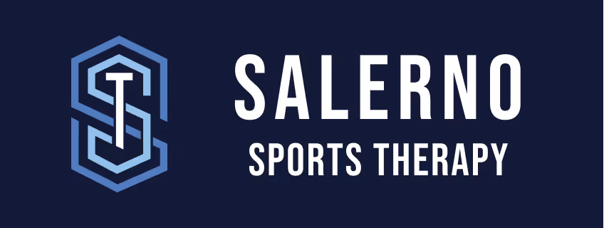 Logo with stylized letters 'S' and 'T' in a hexagon shape beside the text 'SALERNO SPORTS THERAPY' in bold white font on a dark blue background.