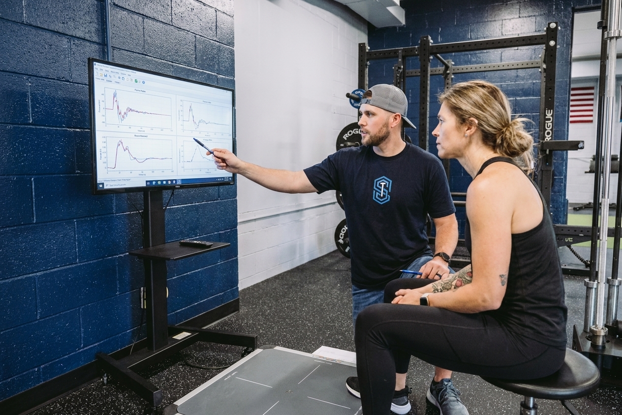 Physical therapist reviewing force plate testing results with an athlete at a performance physical therapy clinic in Columbia, SC