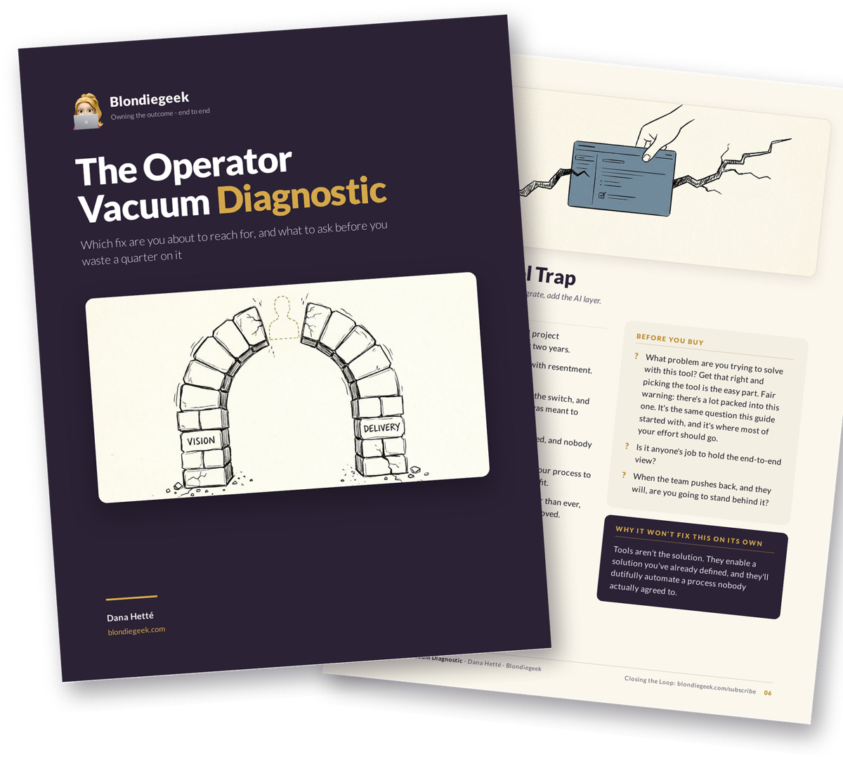 The Operator Vacuum Diagnostic: the cover, with a stone arch missing its keystone, and a page from the Tool Trap section