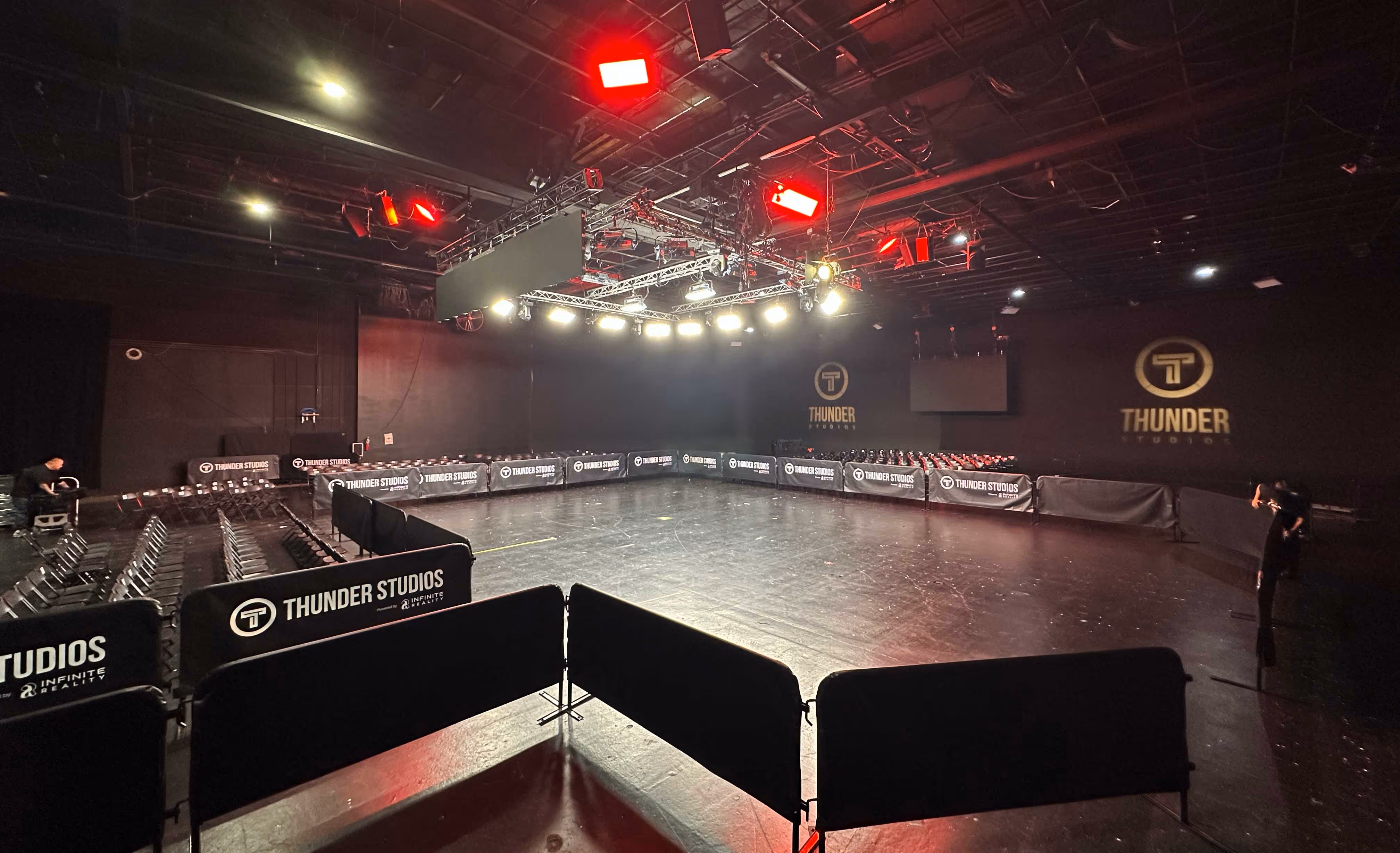 A cleared Thunder Studios stage ready for an event build