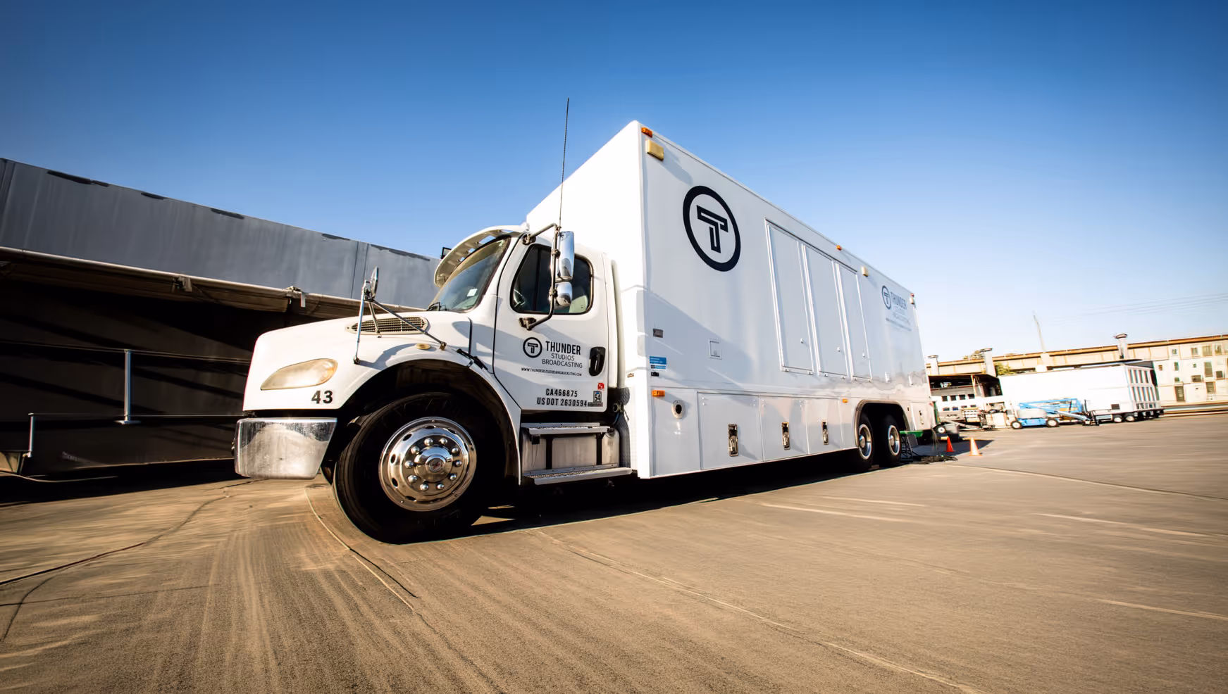 Thunder Studios Broadcasting mobile production truck parked at the Long Beach campus