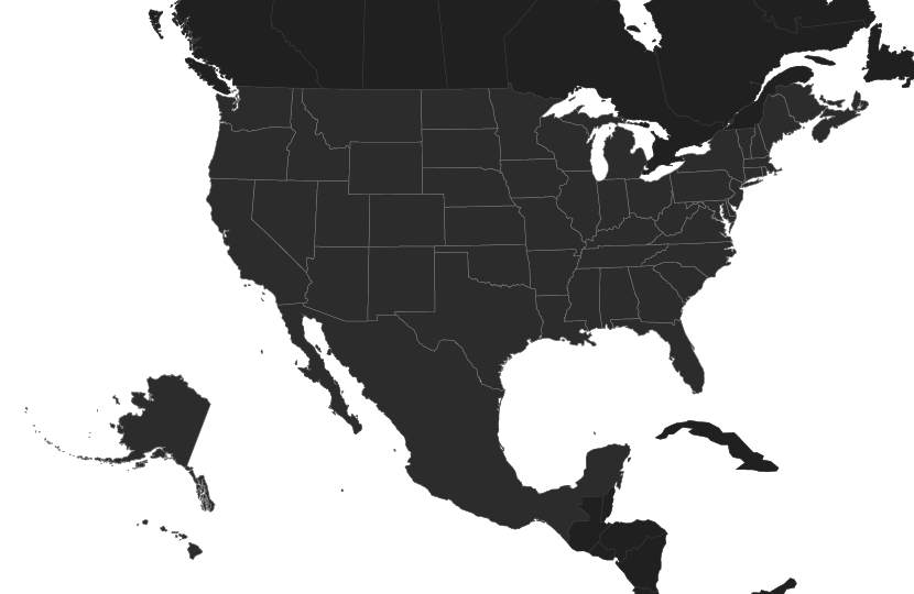 Map of North America showing Thunder Studios Broadcasting's remote production coverage area
