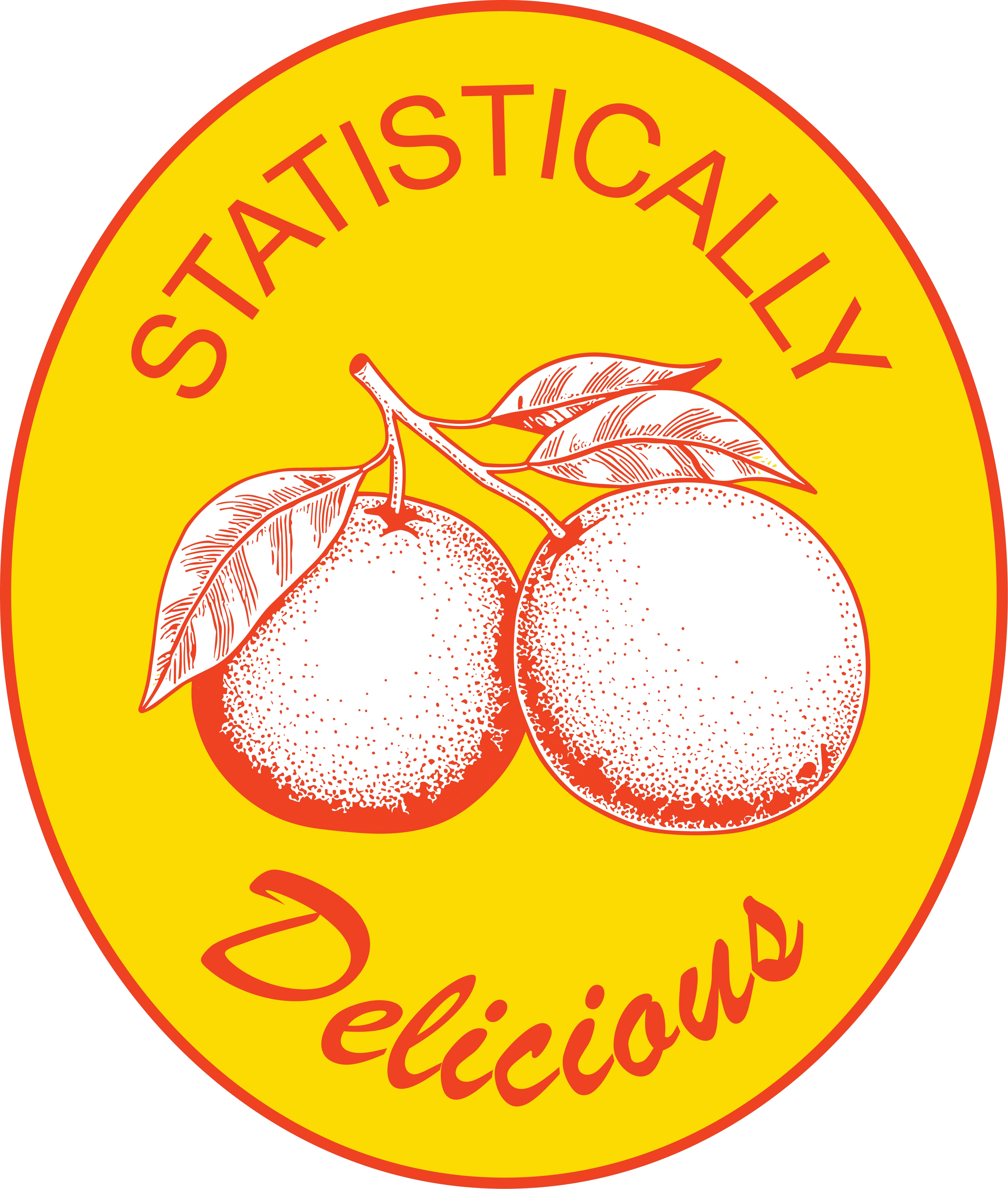 Yellow circular sticker with two white oranges and red text reading 'Statistically Delicious'.