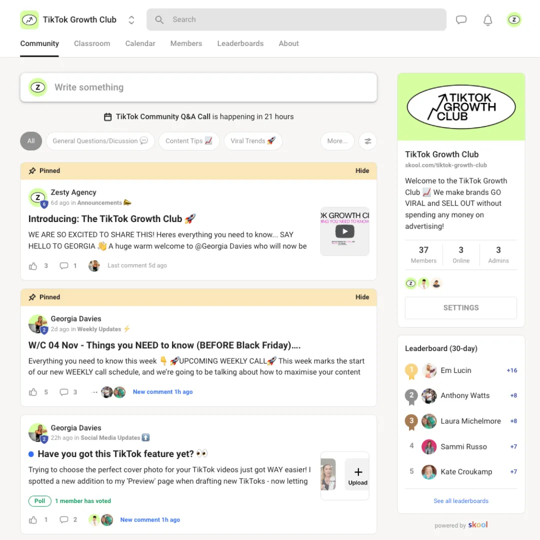 TikTok Growth Club online community page showing pinned posts, member messages, leaderboard, and group stats.