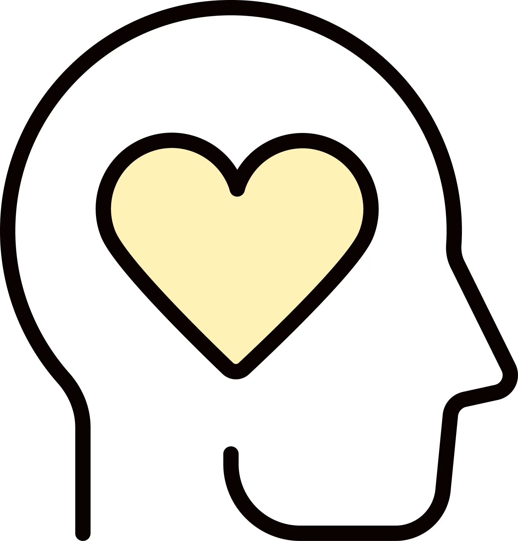 Outline of a human head with a heart shape inside representing empathy or emotional intelligence.