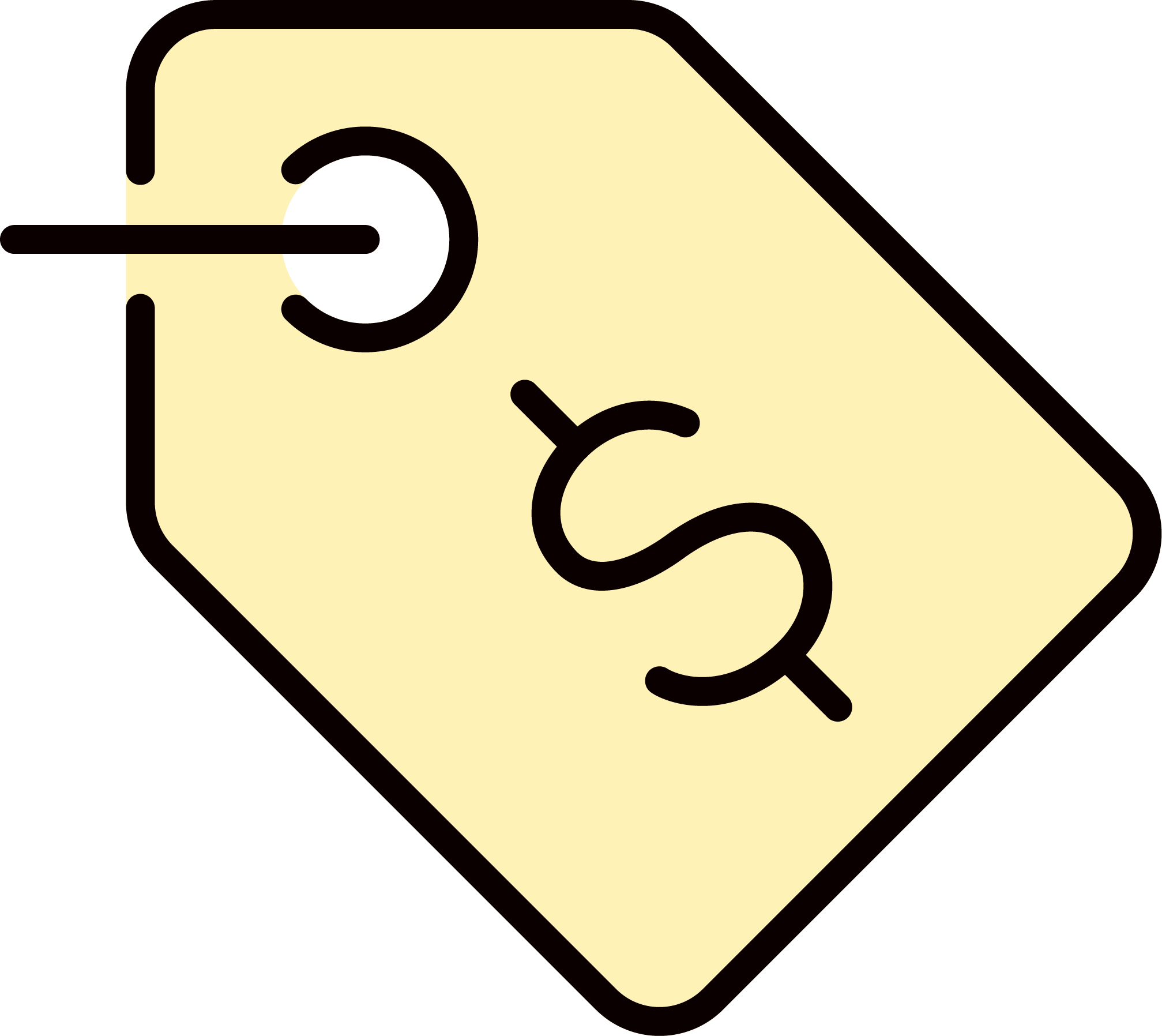 Yellow price tag with a black outline and a dollar sign in the center.