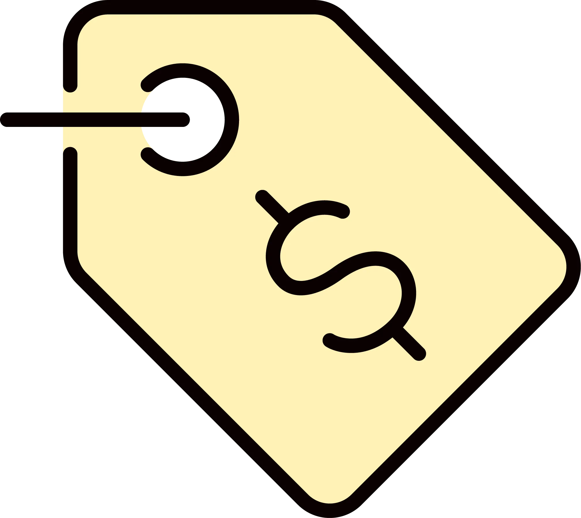 Yellow price tag with a black outline and a dollar sign in the center.