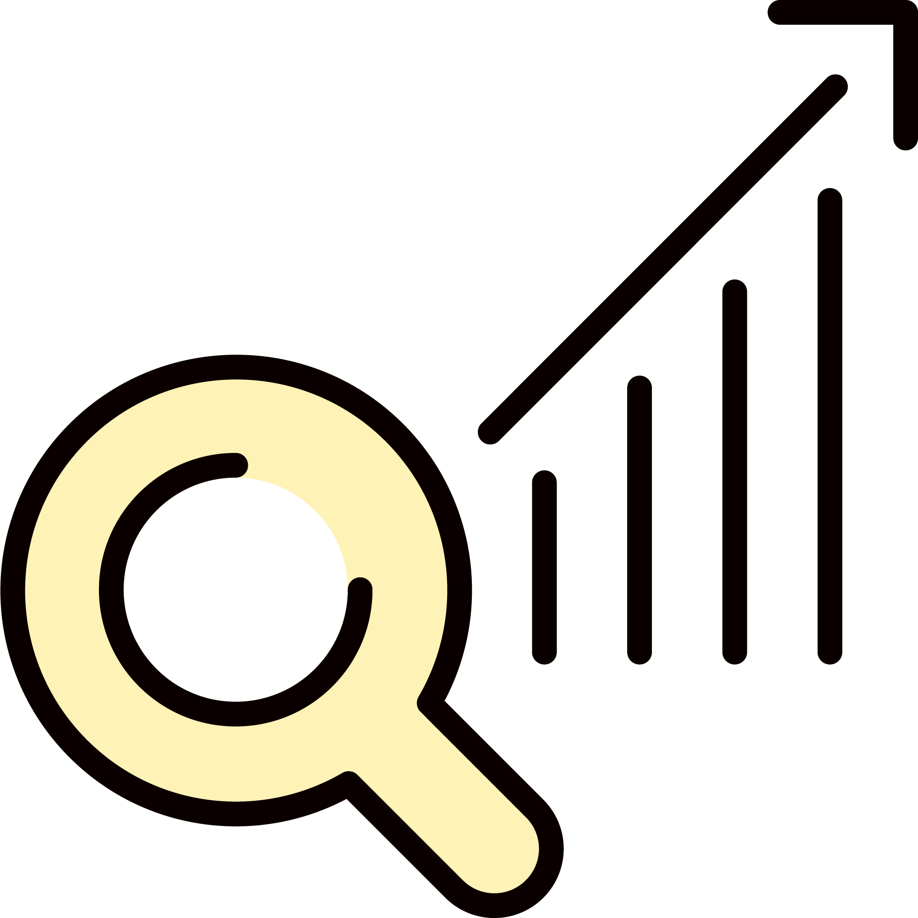Magnifying glass with rising bar chart and arrow indicating growth or analysis.