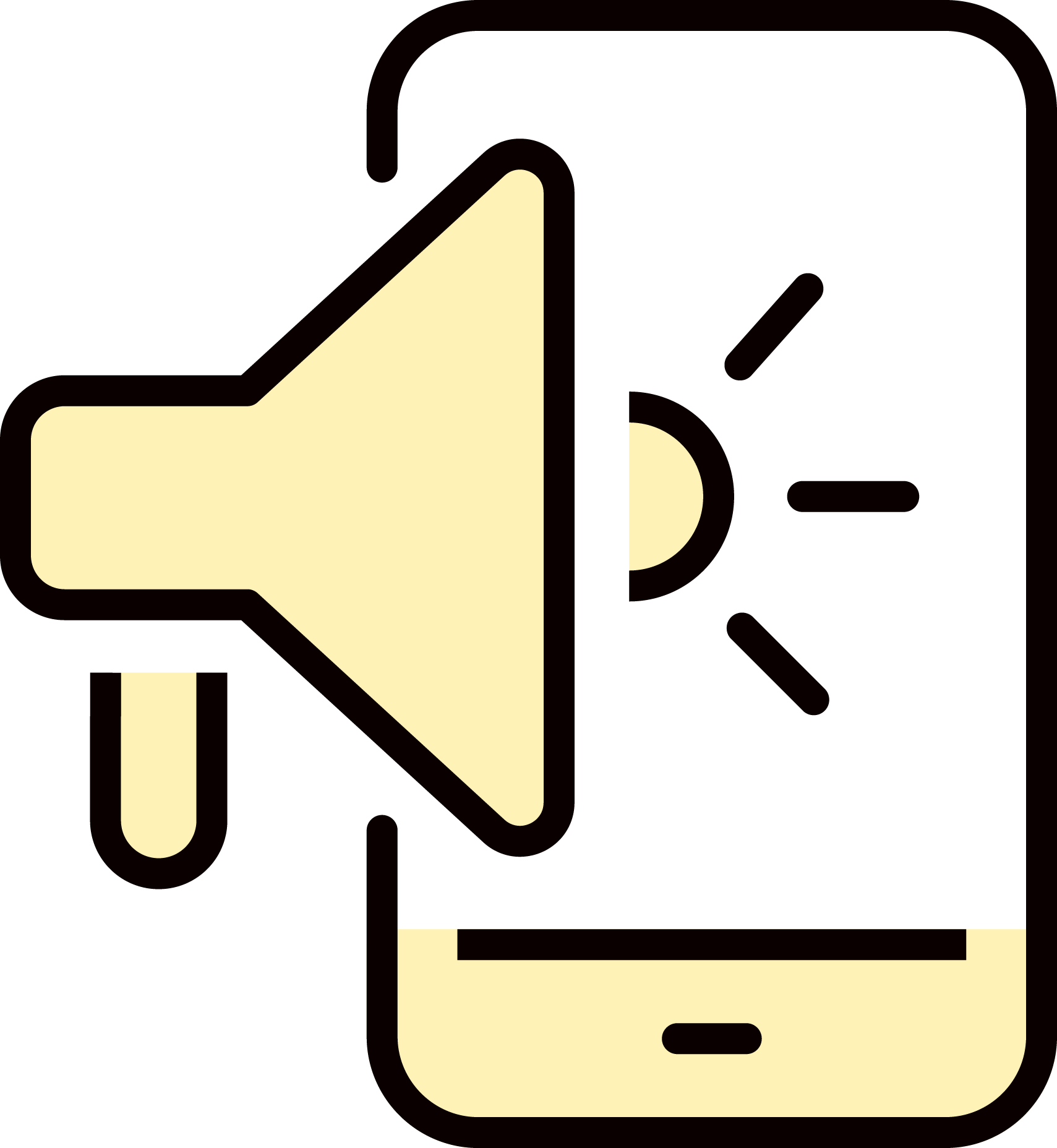 Yellow megaphone icon overlapping yellow smartphone with light rays on screen.