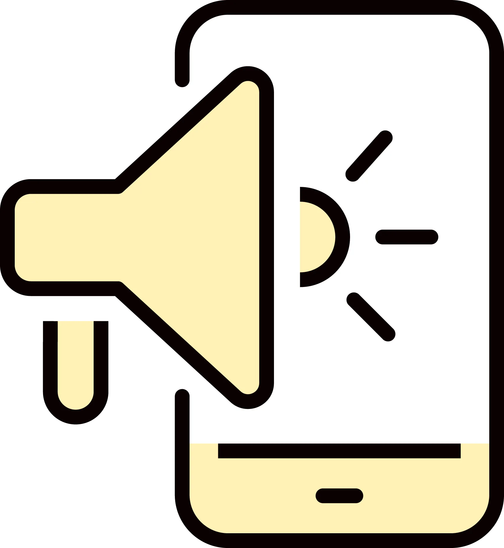 Yellow megaphone icon overlapping yellow smartphone with light rays on screen.
